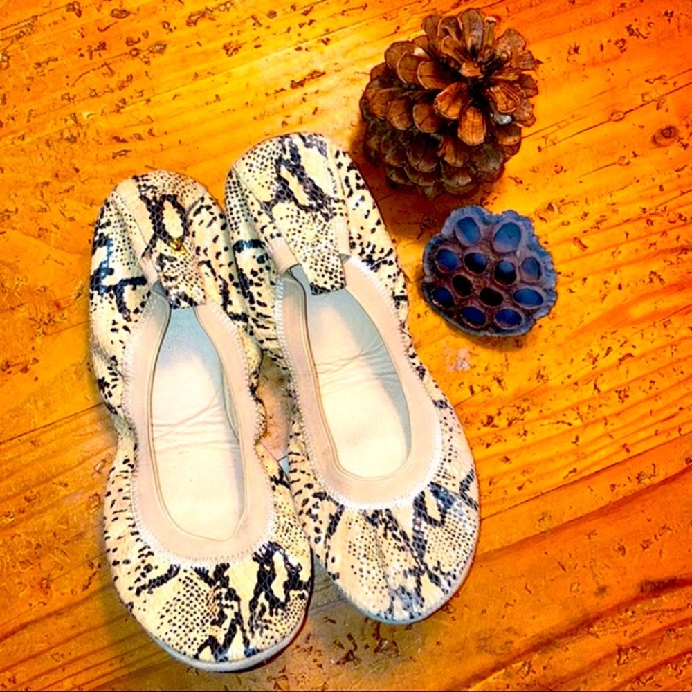YOSI SAMRA sz 9 Reptile print foldable Elasticized flats good preowned condition